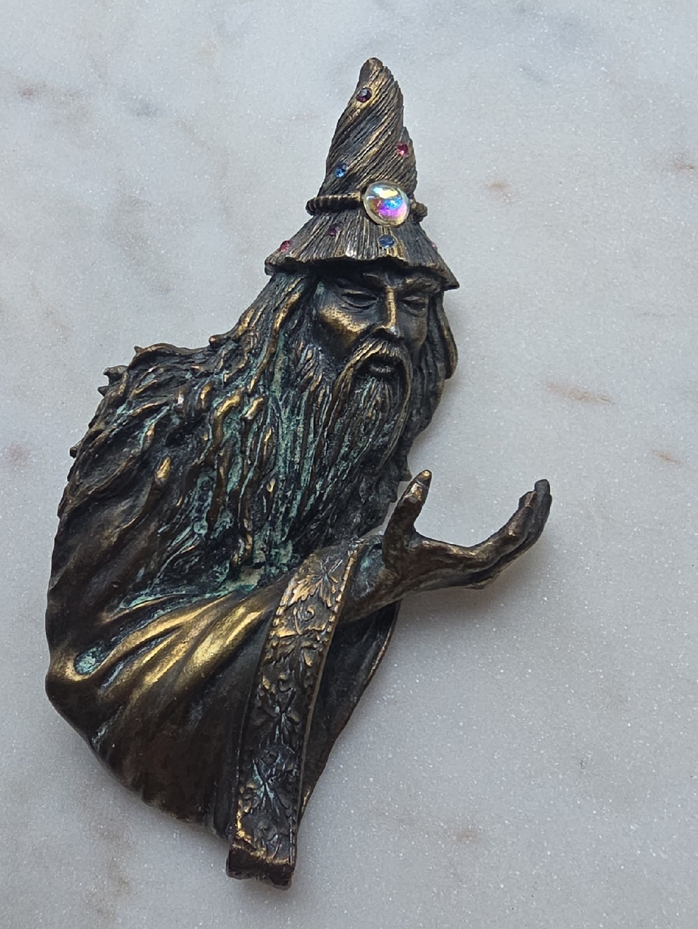 Vintage Jonette Jewelry (JJ) pewter brooch depicting Merlin the wizard